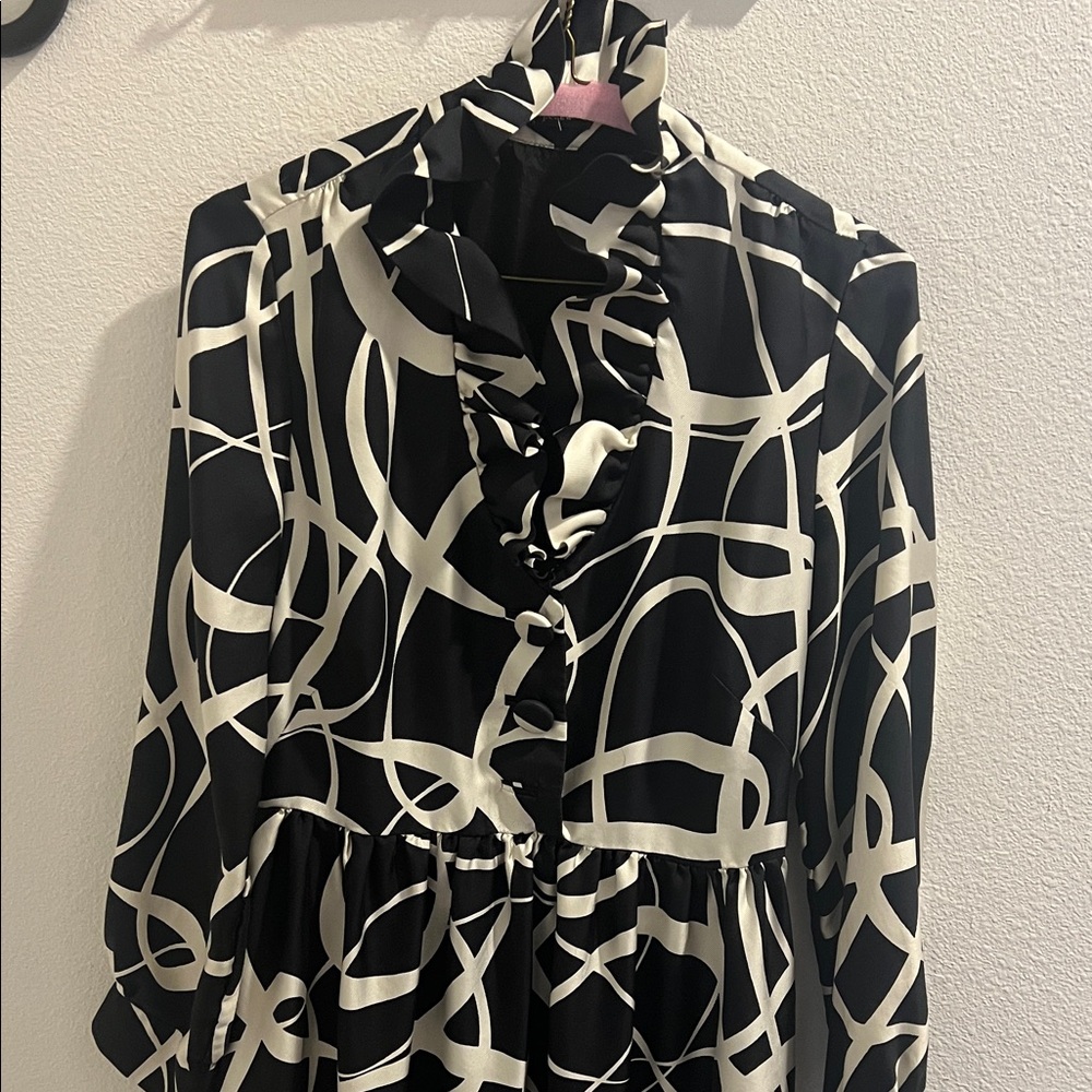 J. Crew Black and White Abstract Long Sleeve Dress